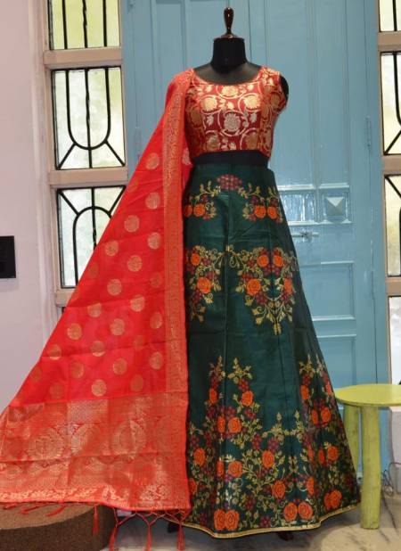 Dark Green Colour HOTAM HIT Designer Fancy Festive Wear Heavy Silk Printed Lehenga Choli Collection 10004